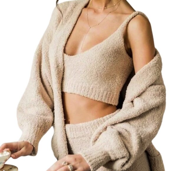 RESA Teddy Cozy Lounge Set Bralette Crop Top and Cardigan Robe in Taupe Tan Sz S - Picture 2 of 15